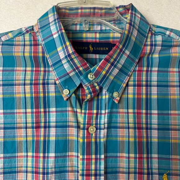 Ralph Lauren Shirt Men XL Pink‎ turquoise Blue Plaid long sleeve button up down - Picture 1 of 5